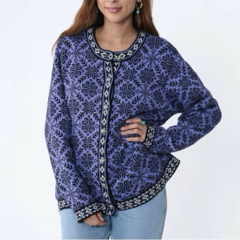 Vintage L.L. Bean Cardigan Sweater Nordic Fair Isle Wool Purple Sz M Ski Lodge